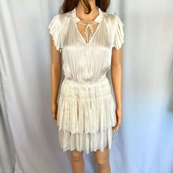 Claire Dress by Reset Creamy White Satin Blouson Mini Dress Ruffles Women’s S - Picture 1 of 15